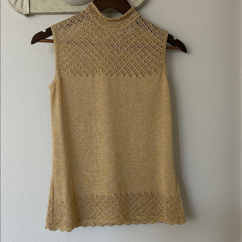 St. John Gold Knit Sleeveless Mock Neck Top Embellished Petite